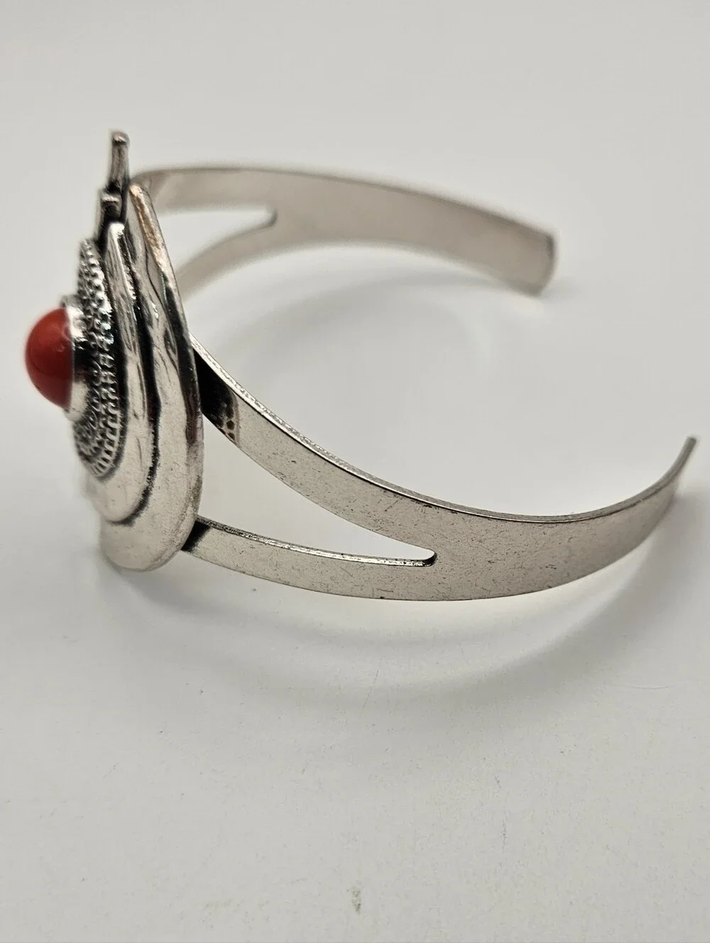 Cuff Bracelet Red Stone Silver Tone Hammered Statement